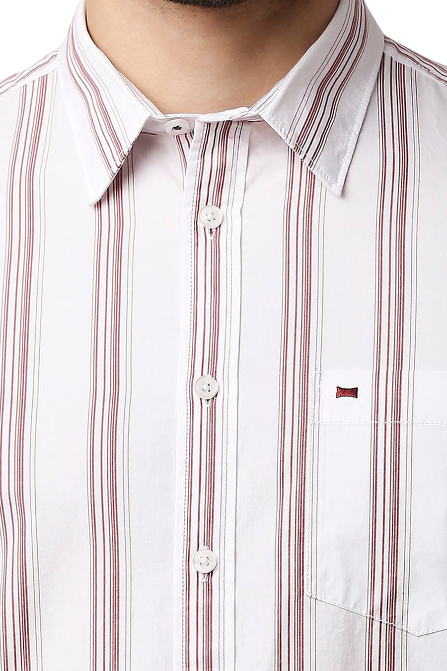 BASICS SLIM FIT RED DAHLIA COTTON STRIPE SHIRT