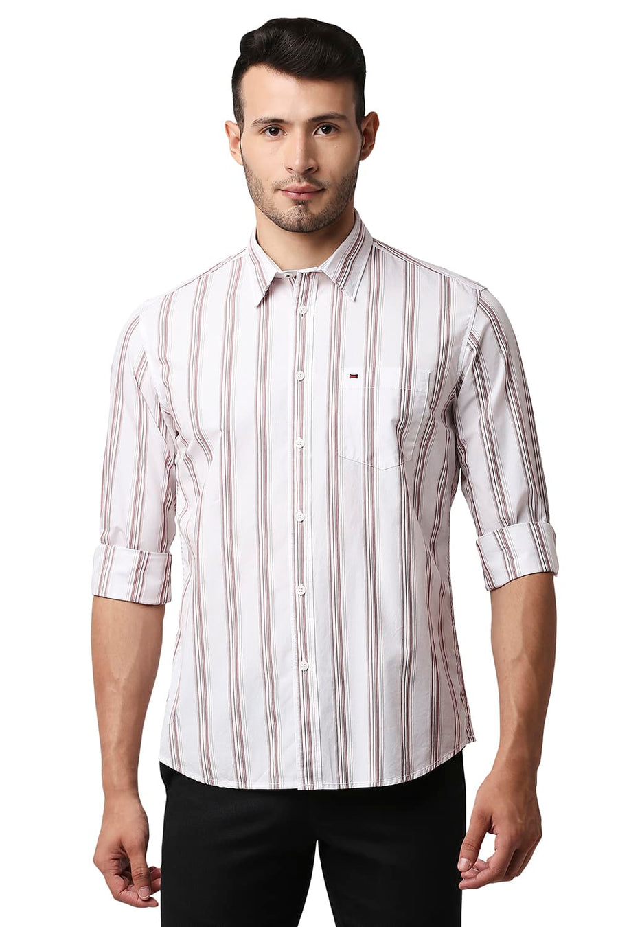BASICS SLIM FIT RED DAHLIA COTTON STRIPE SHIRT