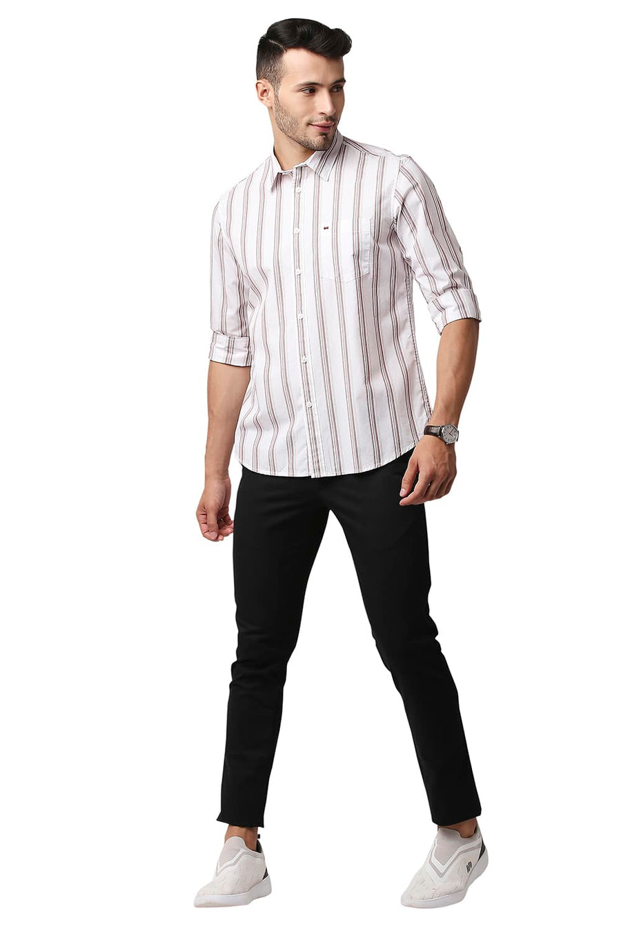 BASICS SLIM FIT RED DAHLIA COTTON STRIPE SHIRT