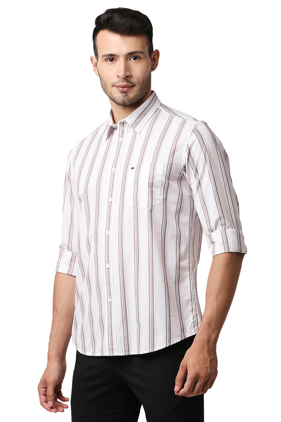 BASICS SLIM FIT RED DAHLIA COTTON STRIPE SHIRT