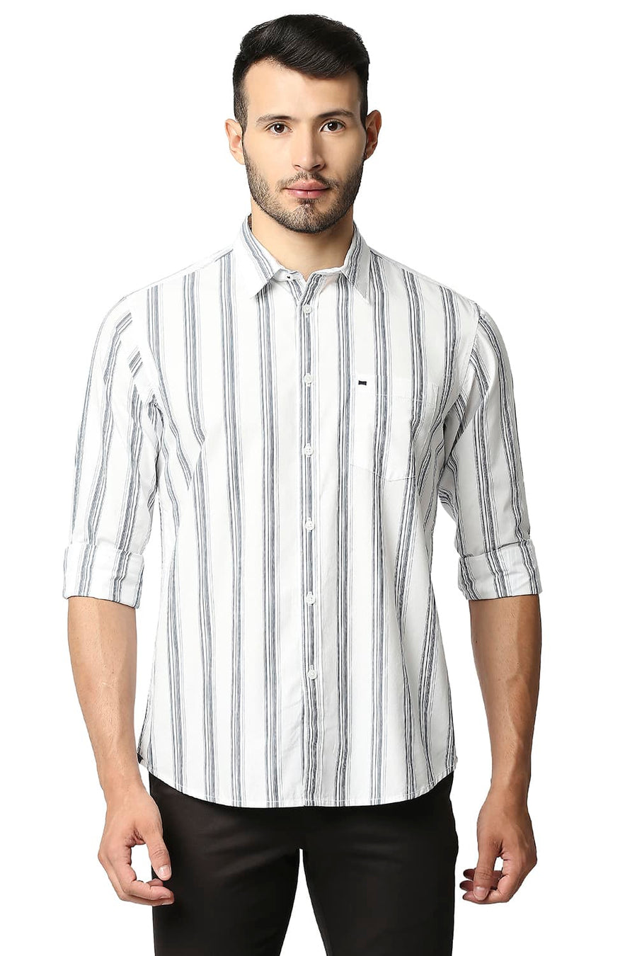 BASICS SLIM FIT MORRACAN BLUE COTTON STRIPE SHIRT