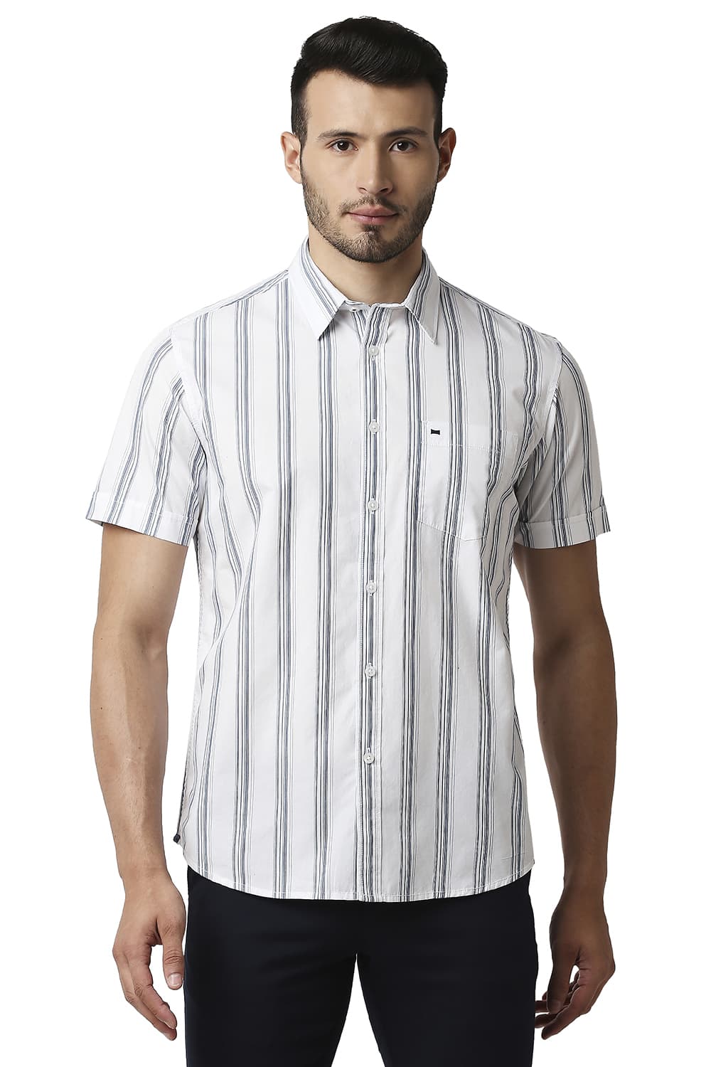 BASICS SLIM FIT COTTON STRIPE HALFSLEEVES SHIRT