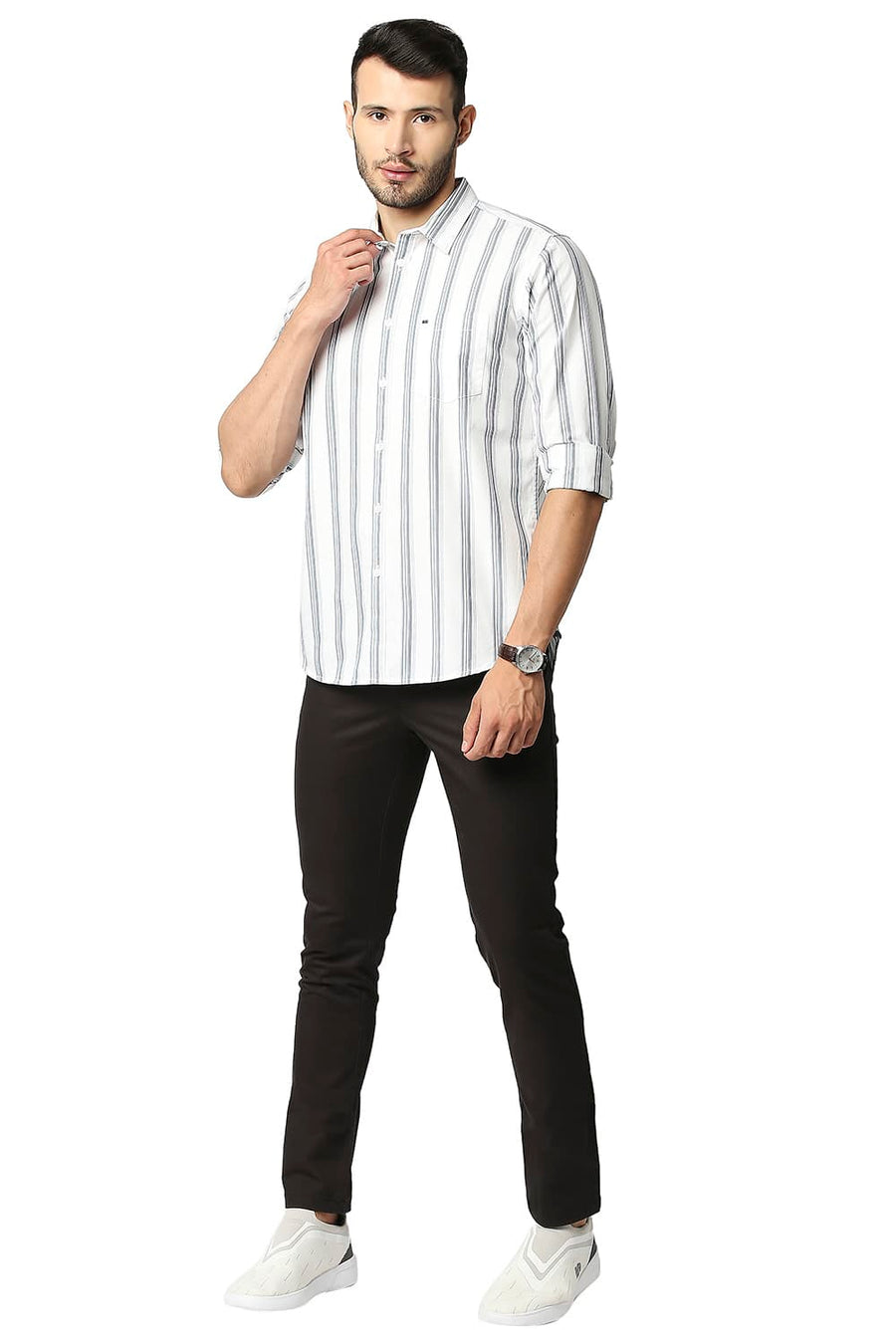 BASICS SLIM FIT MORRACAN BLUE COTTON STRIPE SHIRT