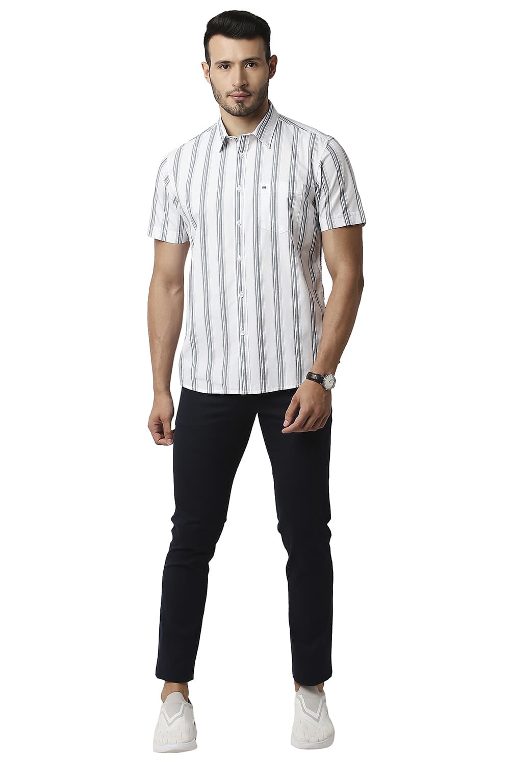 BASICS SLIM FIT COTTON STRIPE HALFSLEEVES SHIRT