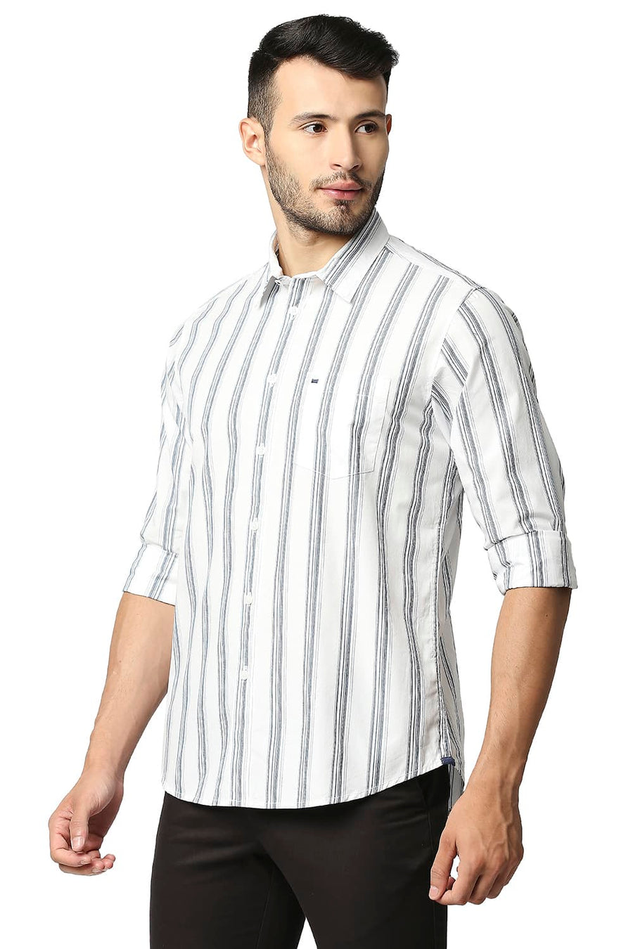 BASICS SLIM FIT MORRACAN BLUE COTTON STRIPE SHIRT