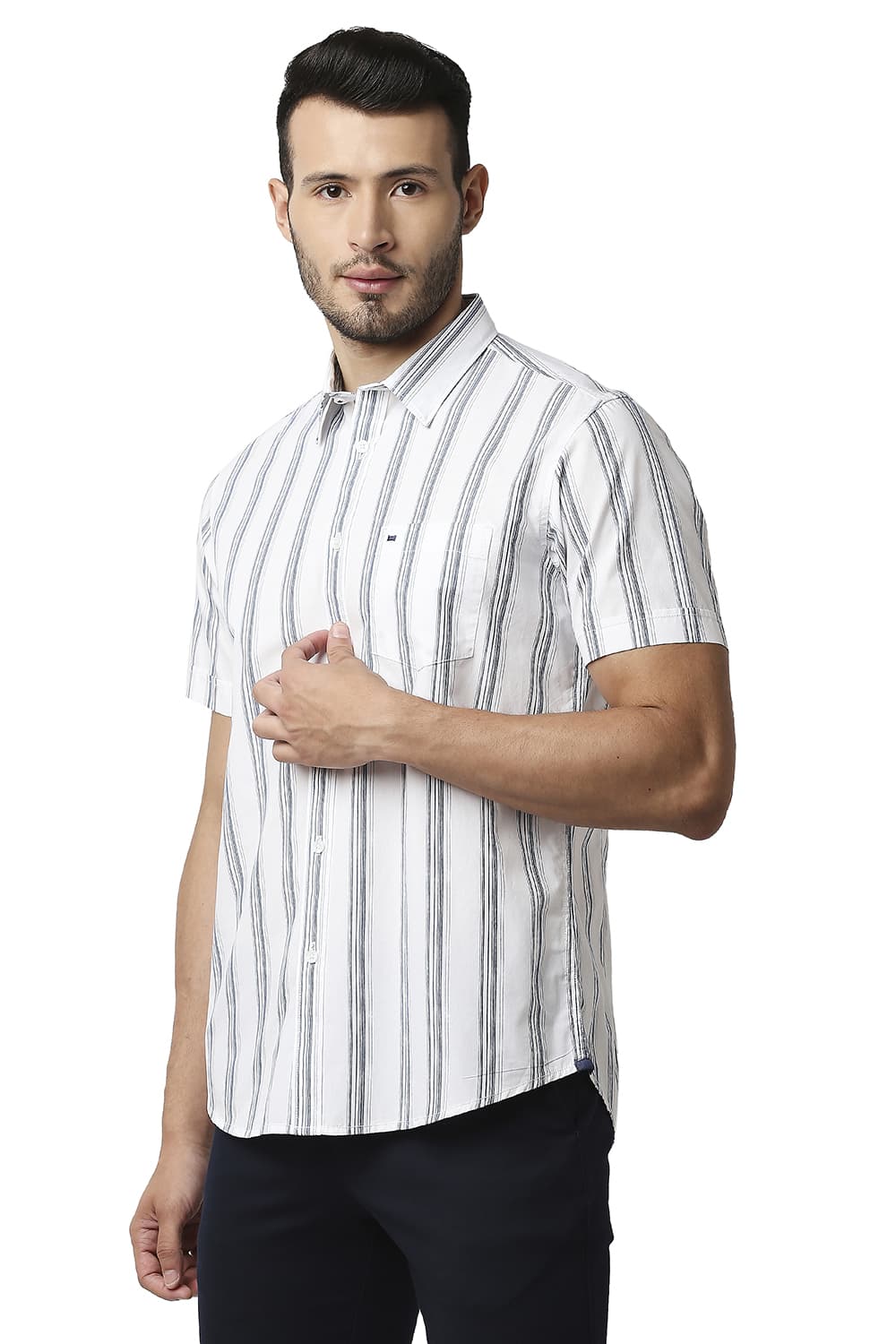 BASICS SLIM FIT COTTON STRIPE HALFSLEEVES SHIRT