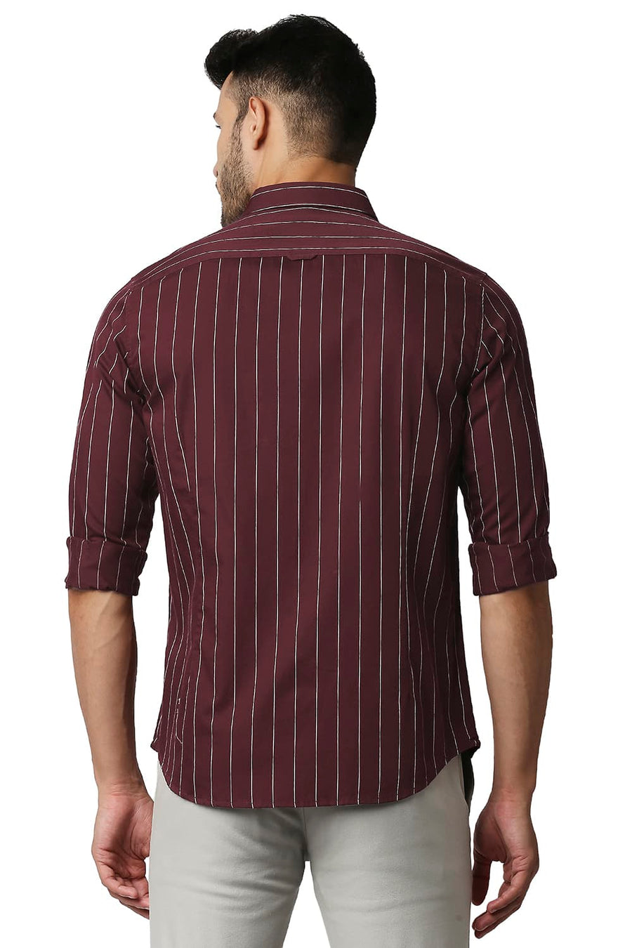 BASICS SLIM FIT PORT MAROON TWILL STRIPE SHIRT