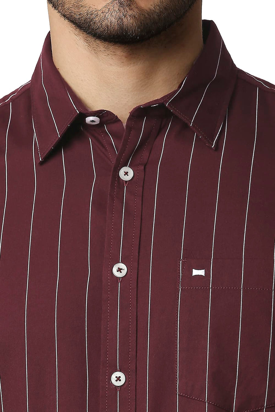 BASICS SLIM FIT PORT MAROON TWILL STRIPE SHIRT