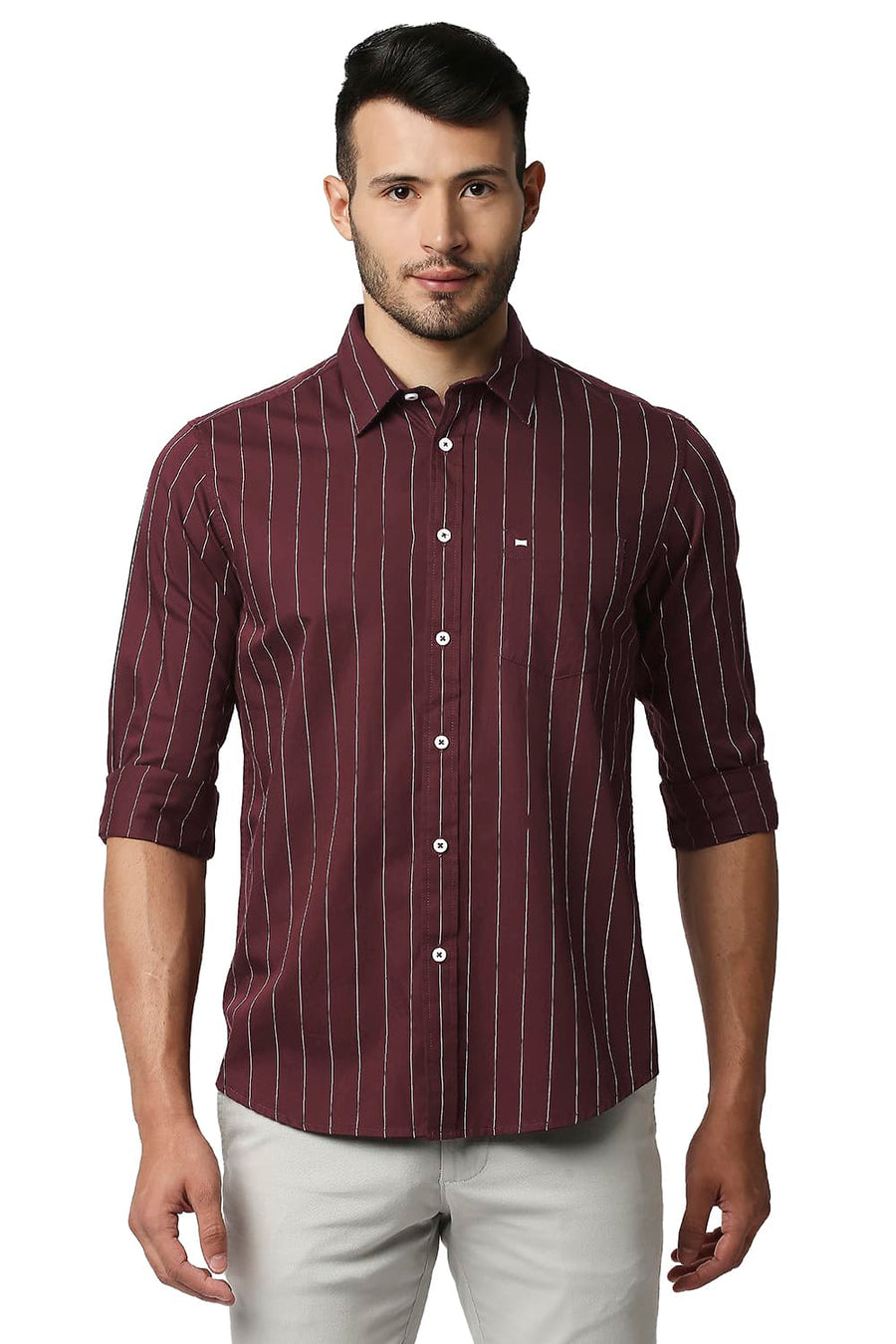 BASICS SLIM FIT PORT MAROON TWILL STRIPE SHIRT