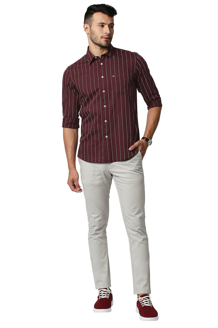 BASICS SLIM FIT PORT MAROON TWILL STRIPE SHIRT