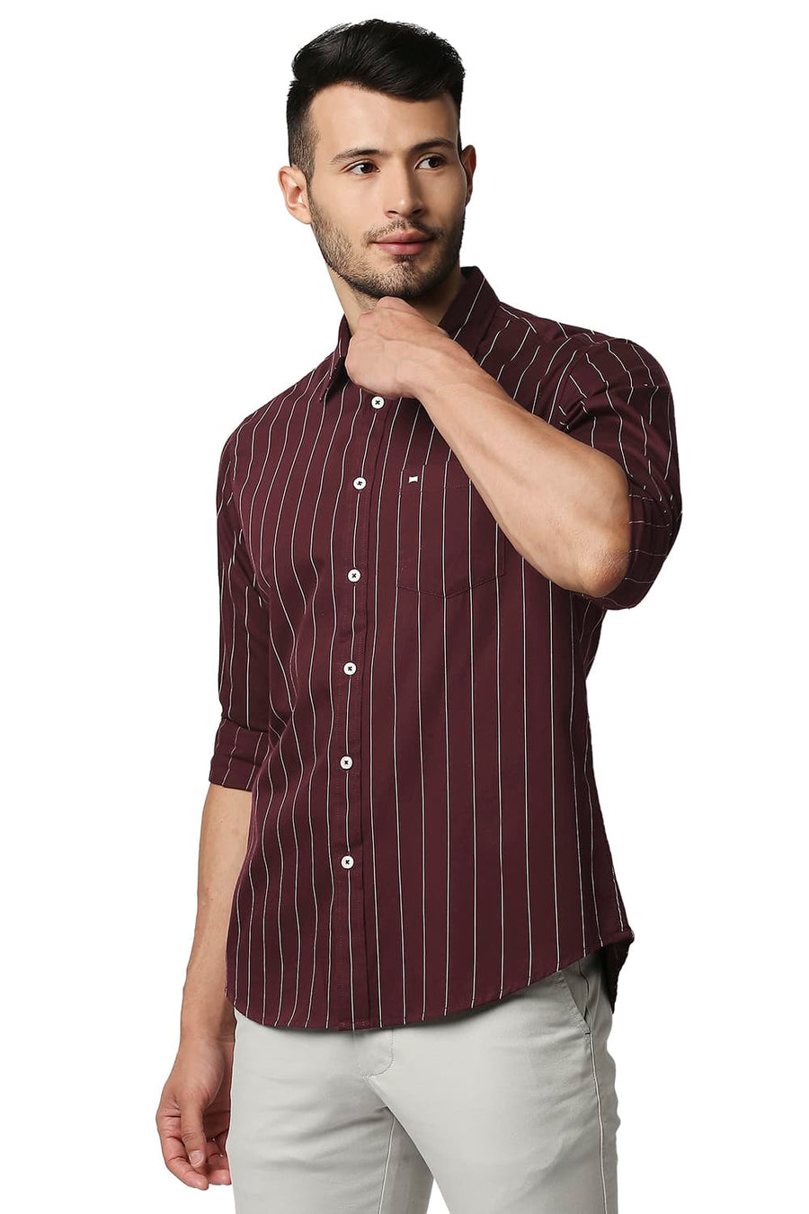 BASICS SLIM FIT PORT MAROON TWILL STRIPE SHIRT