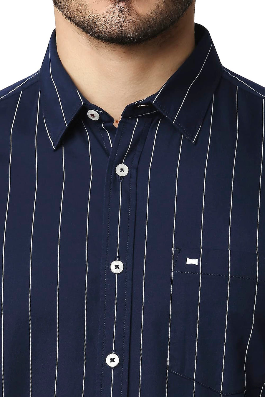 BASICS SLIM FIT NAVY IRIS TWILL STRIPE SHIRT