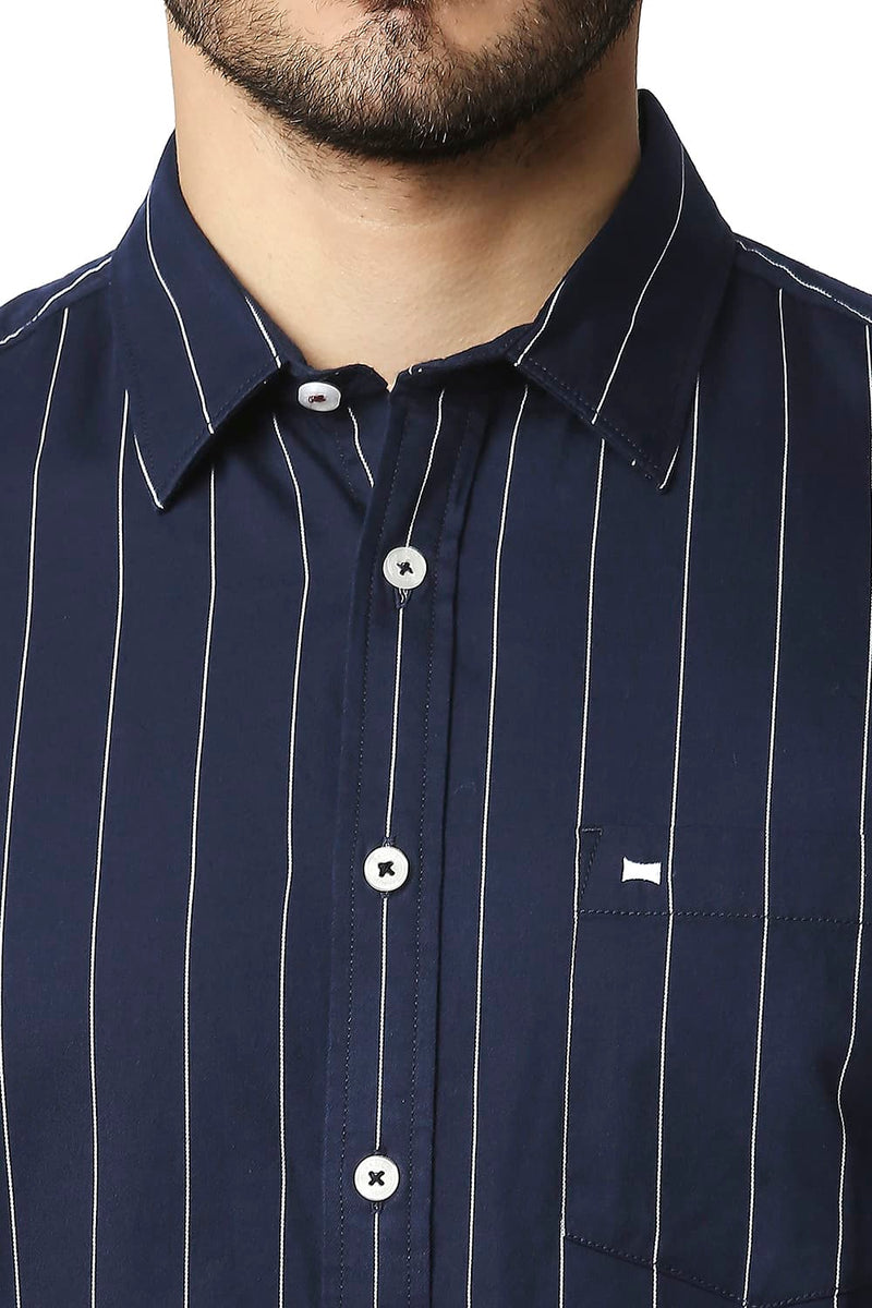 BASICS SLIM FIT TWILL STRIPE HALFSLEEVES SHIRT