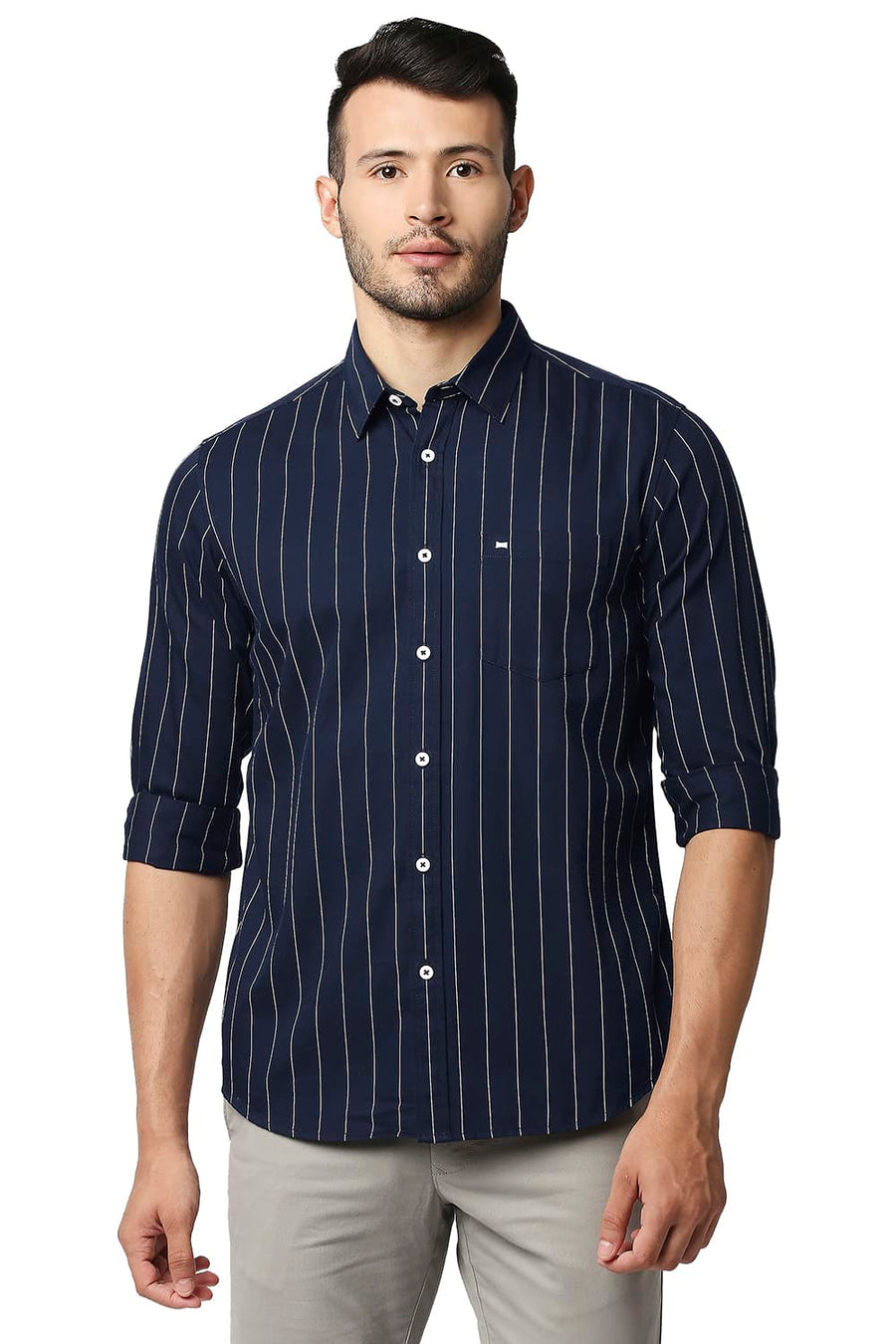 BASICS SLIM FIT NAVY IRIS TWILL STRIPE SHIRT