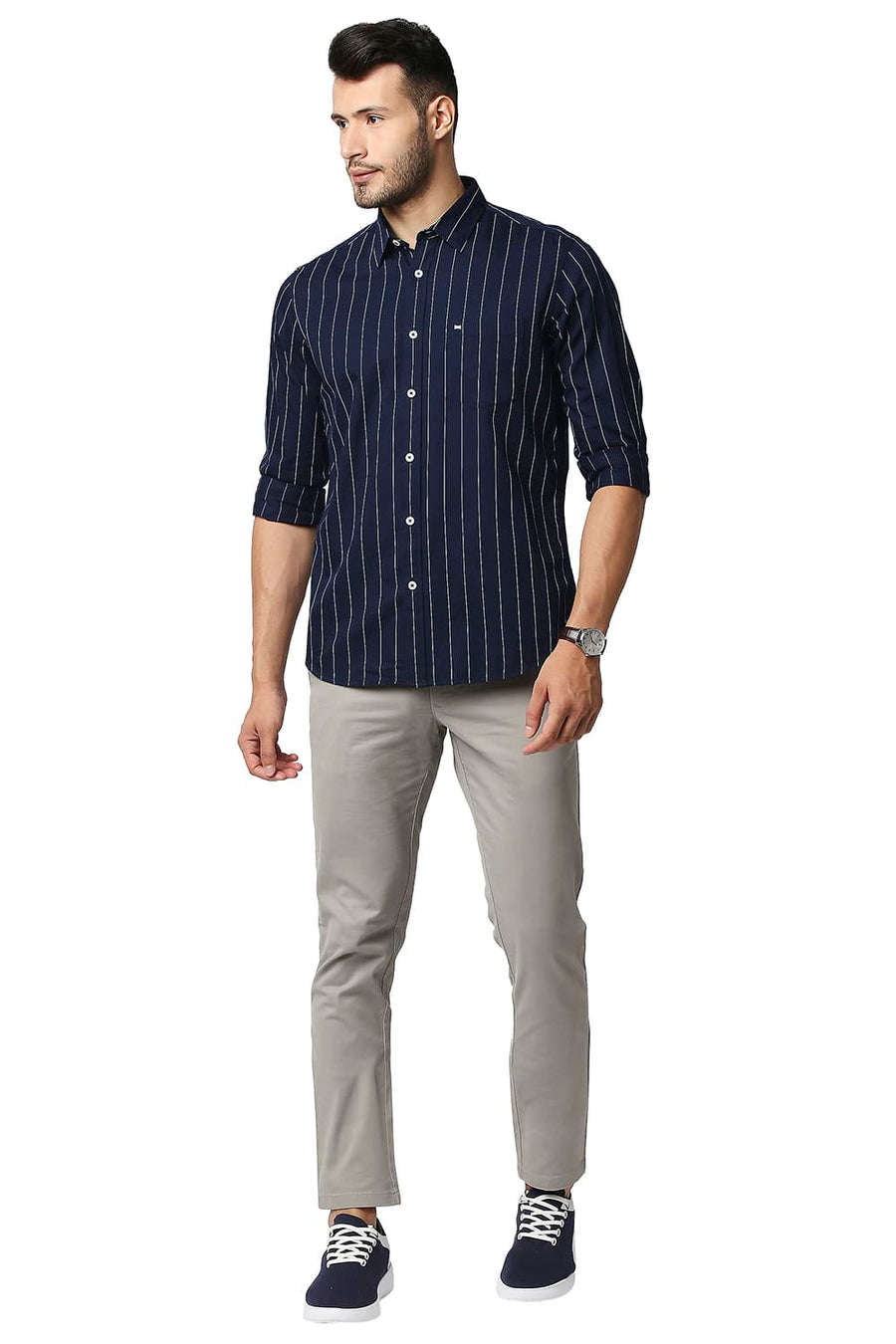 BASICS SLIM FIT NAVY IRIS TWILL STRIPE SHIRT