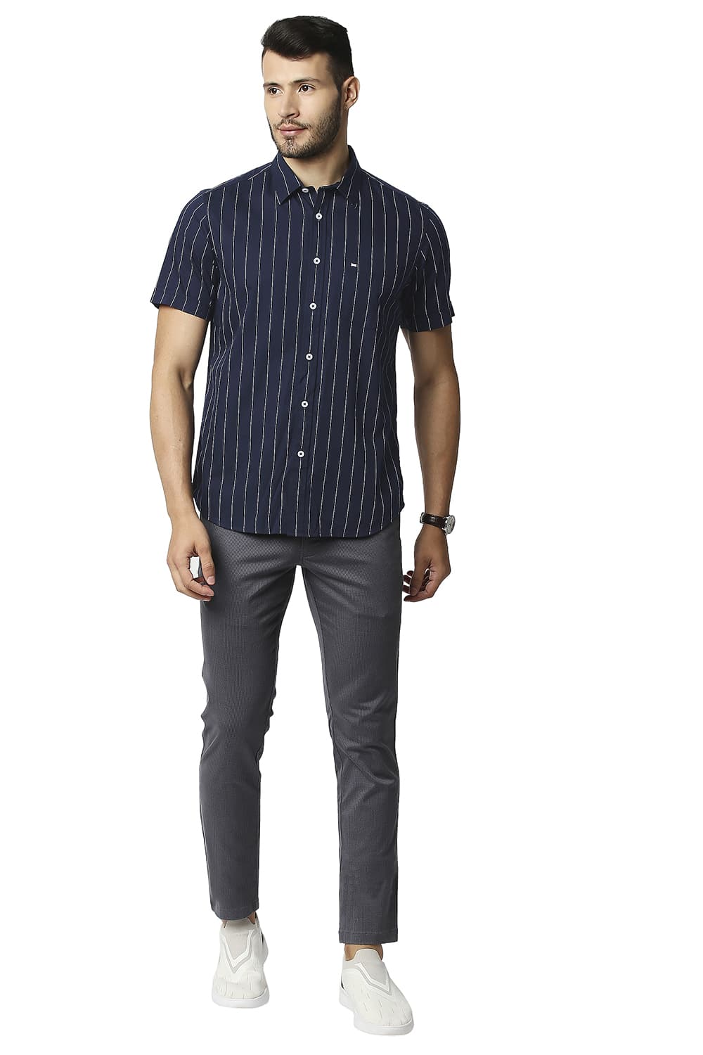 BASICS SLIM FIT TWILL STRIPE HALFSLEEVES SHIRT