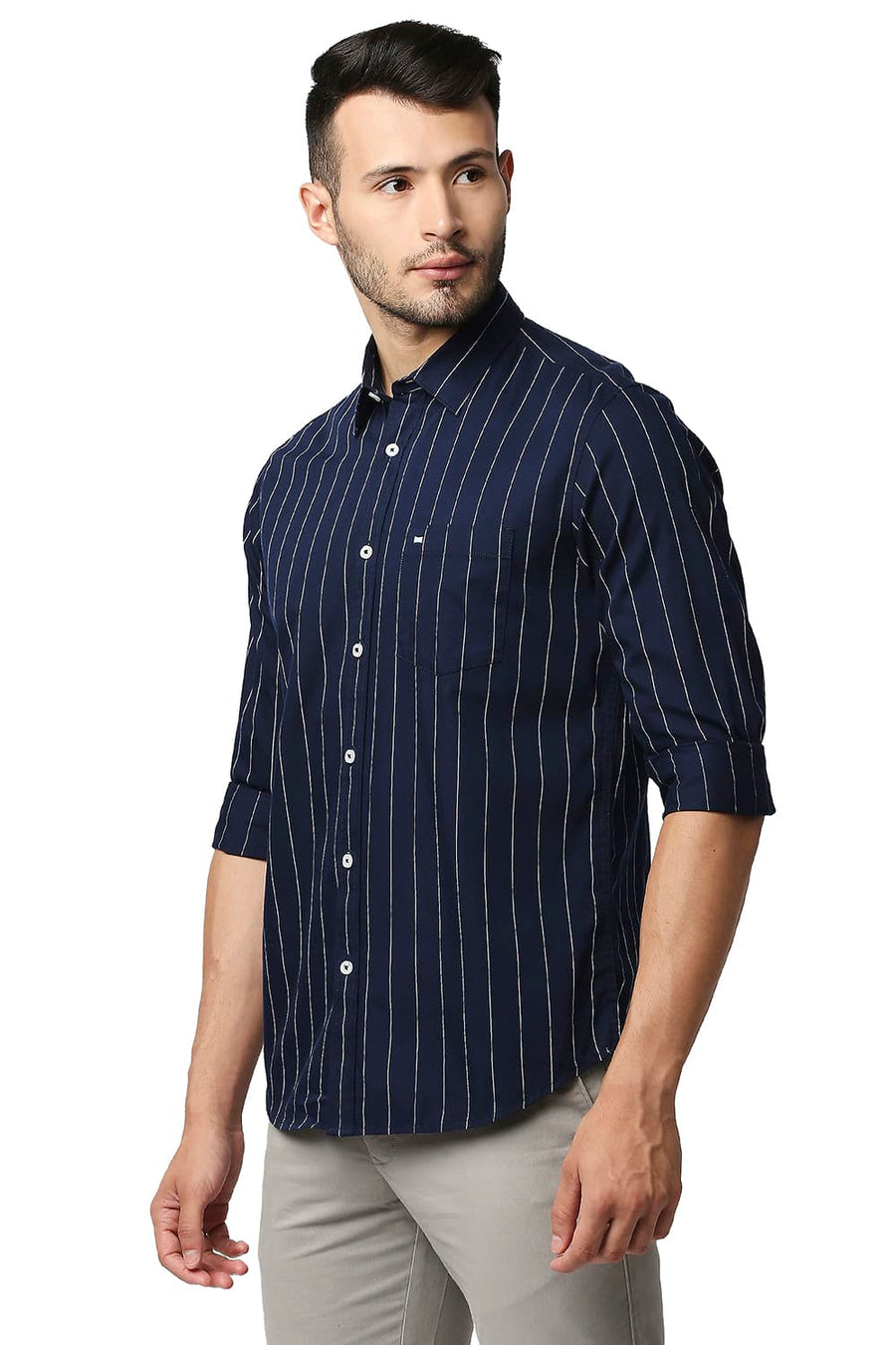 BASICS SLIM FIT NAVY IRIS TWILL STRIPE SHIRT