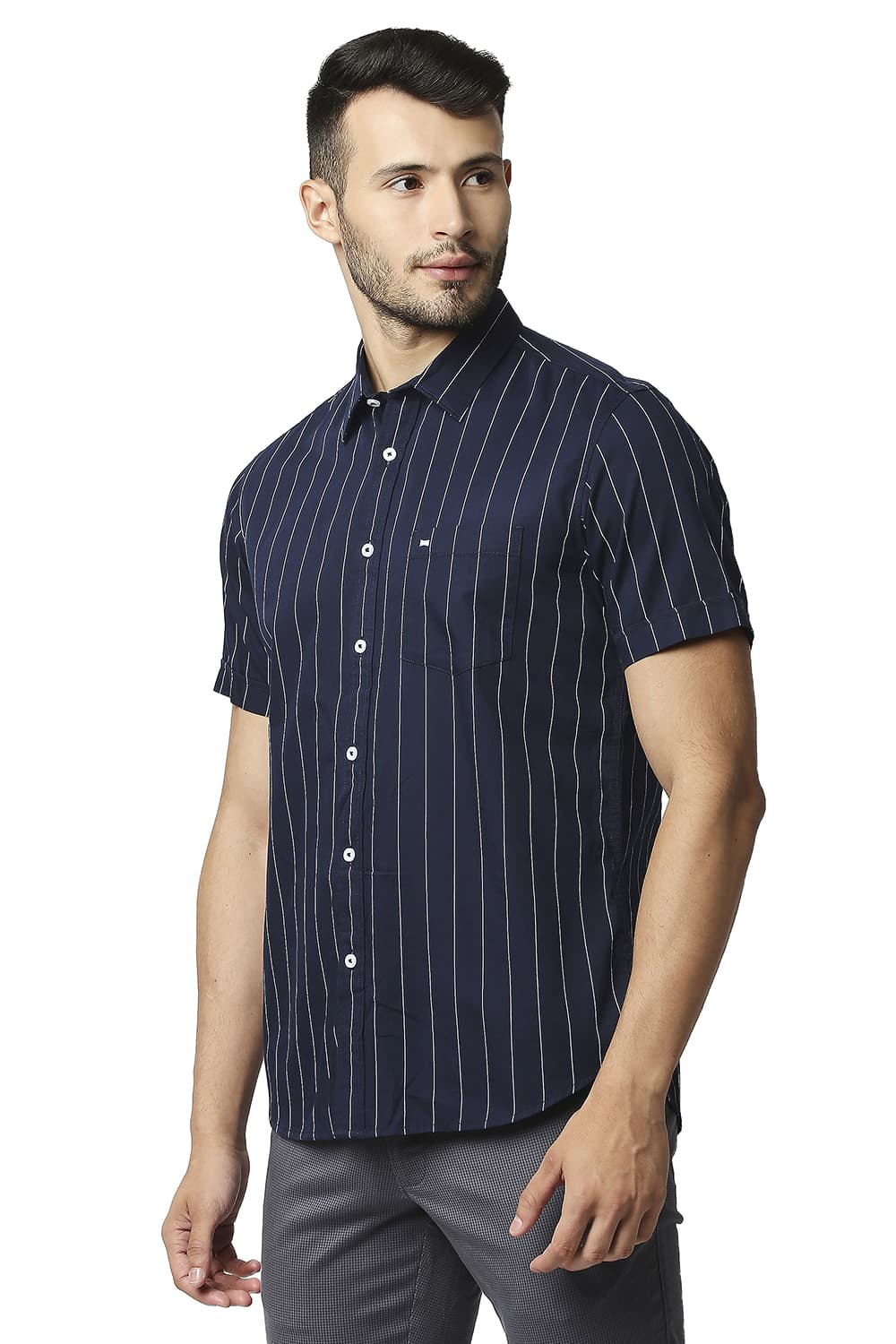 BASICS SLIM FIT TWILL STRIPE HALFSLEEVES SHIRT