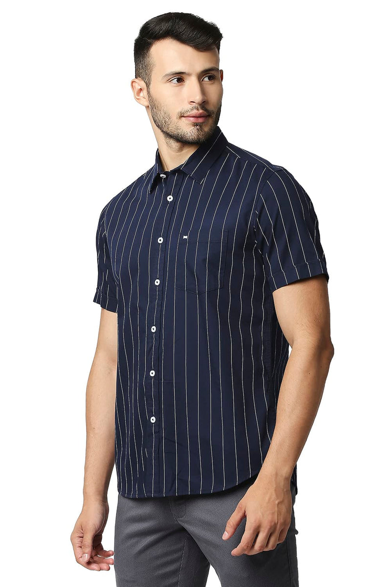 BASICS SLIM FIT TWILL STRIPE HALFSLEEVES SHIRT