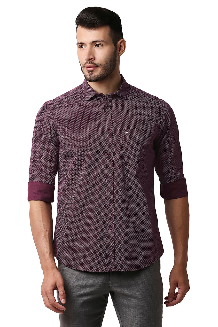 BASICS SLIM FIT FIG MAROON POPLIN PRINTED SHIRT