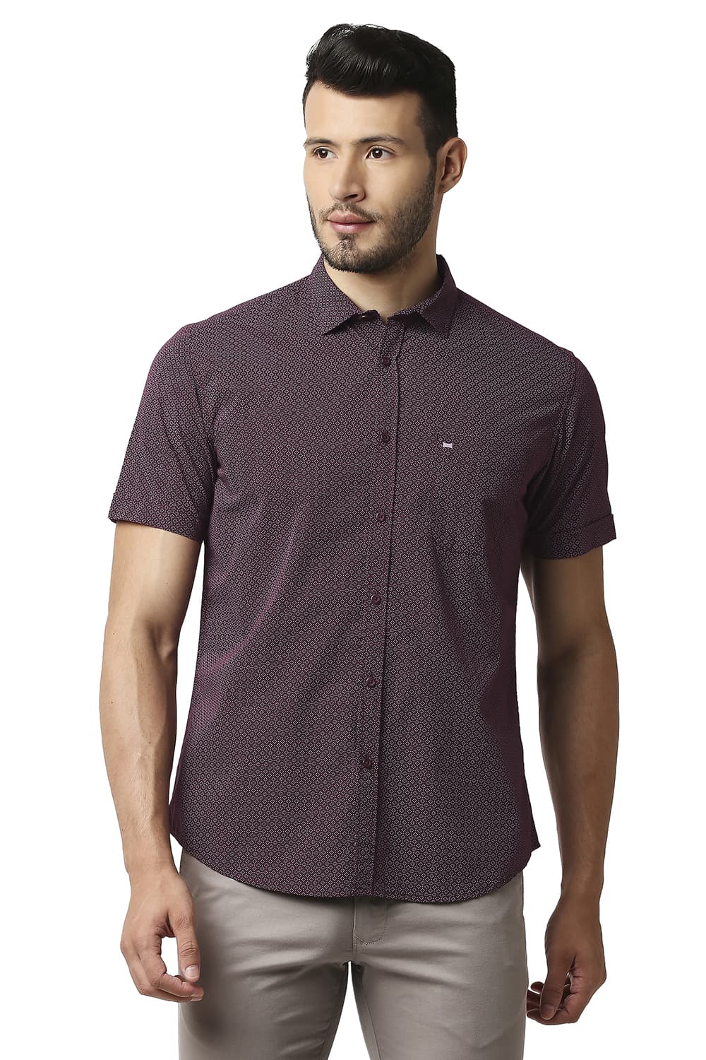 BASICS SLIM FIT POPLIN PRINTED SHIRT