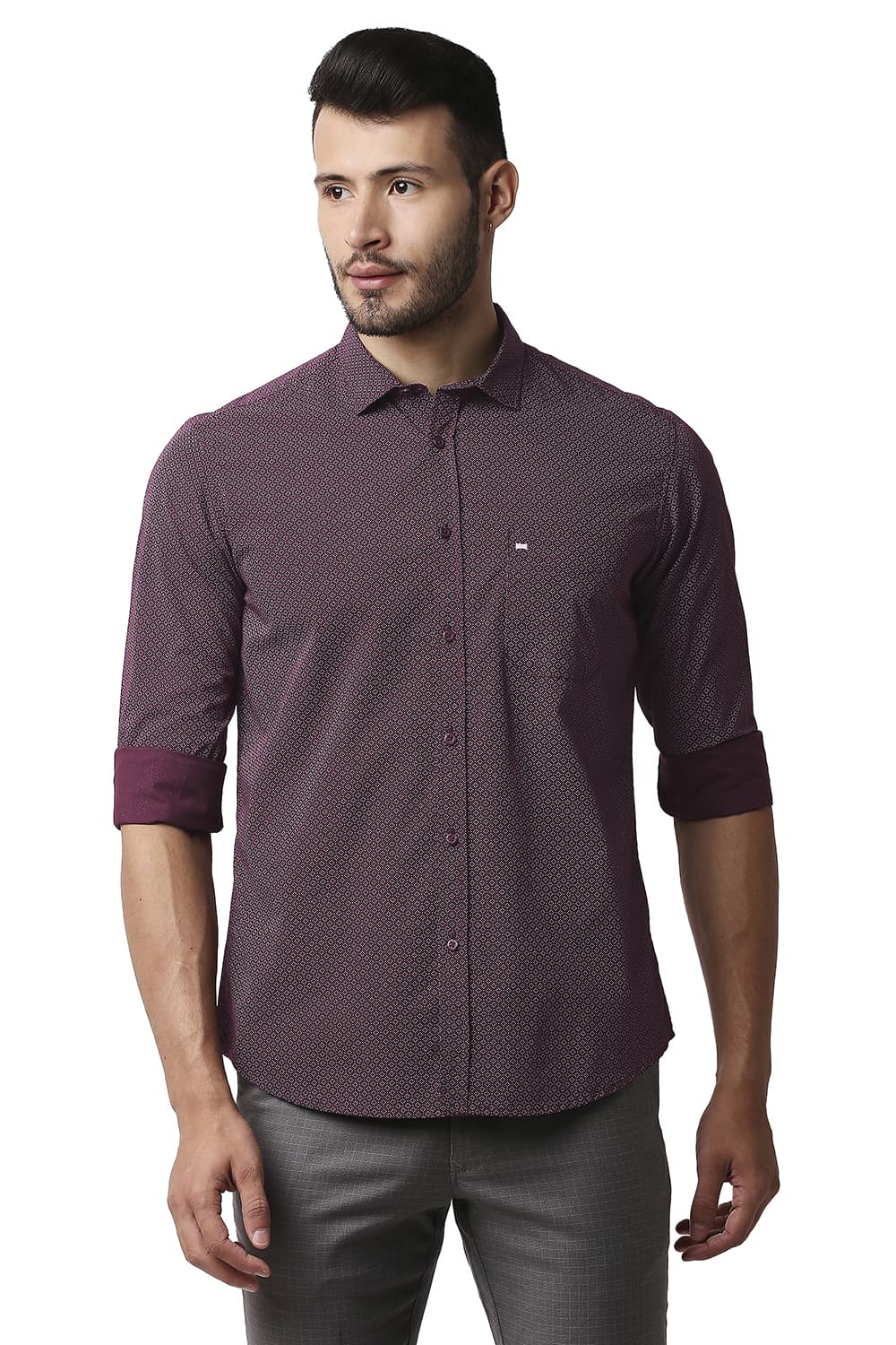 BASICS SLIM FIT POPLIN PRINTED SHIRT