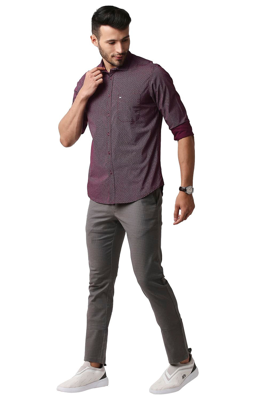 BASICS SLIM FIT FIG MAROON POPLIN PRINTED SHIRT