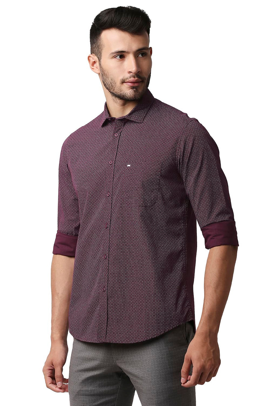 BASICS SLIM FIT FIG MAROON POPLIN PRINTED SHIRT