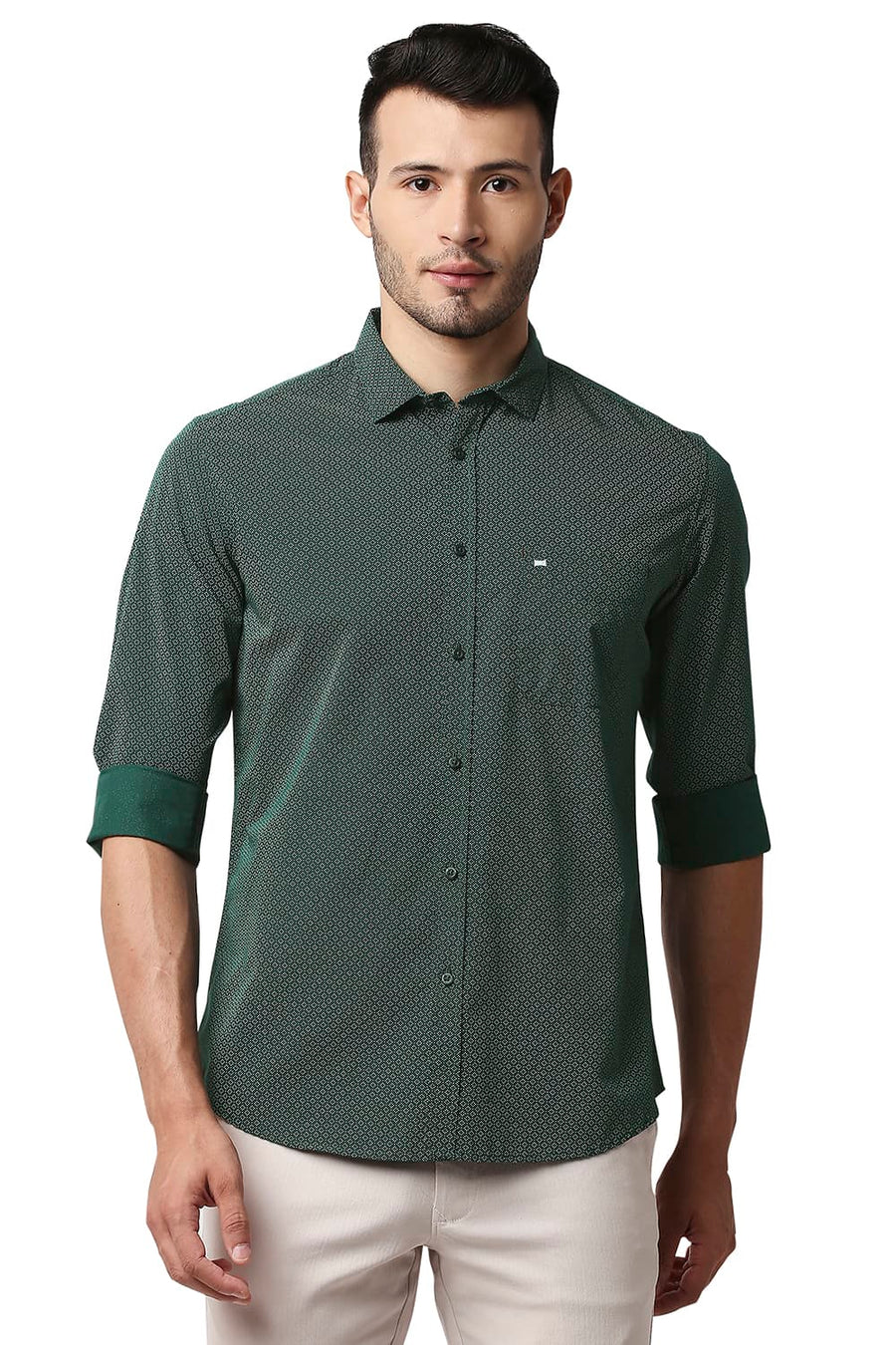 BASICS SLIM FIT BISTRO GREEN POPLIN PRINTED SHIRT