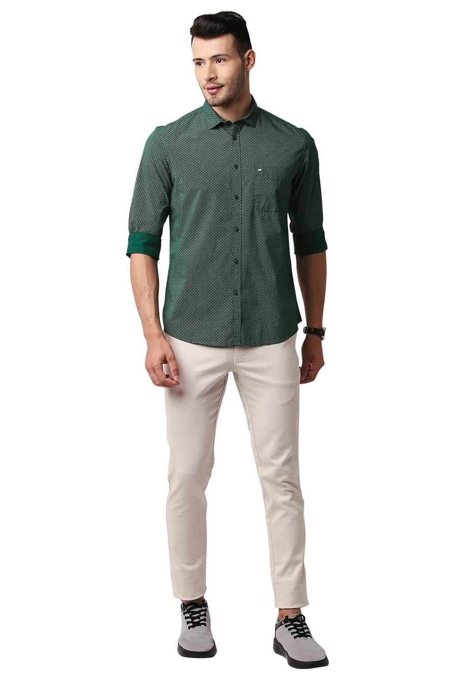 BASICS SLIM FIT BISTRO GREEN POPLIN PRINTED SHIRT