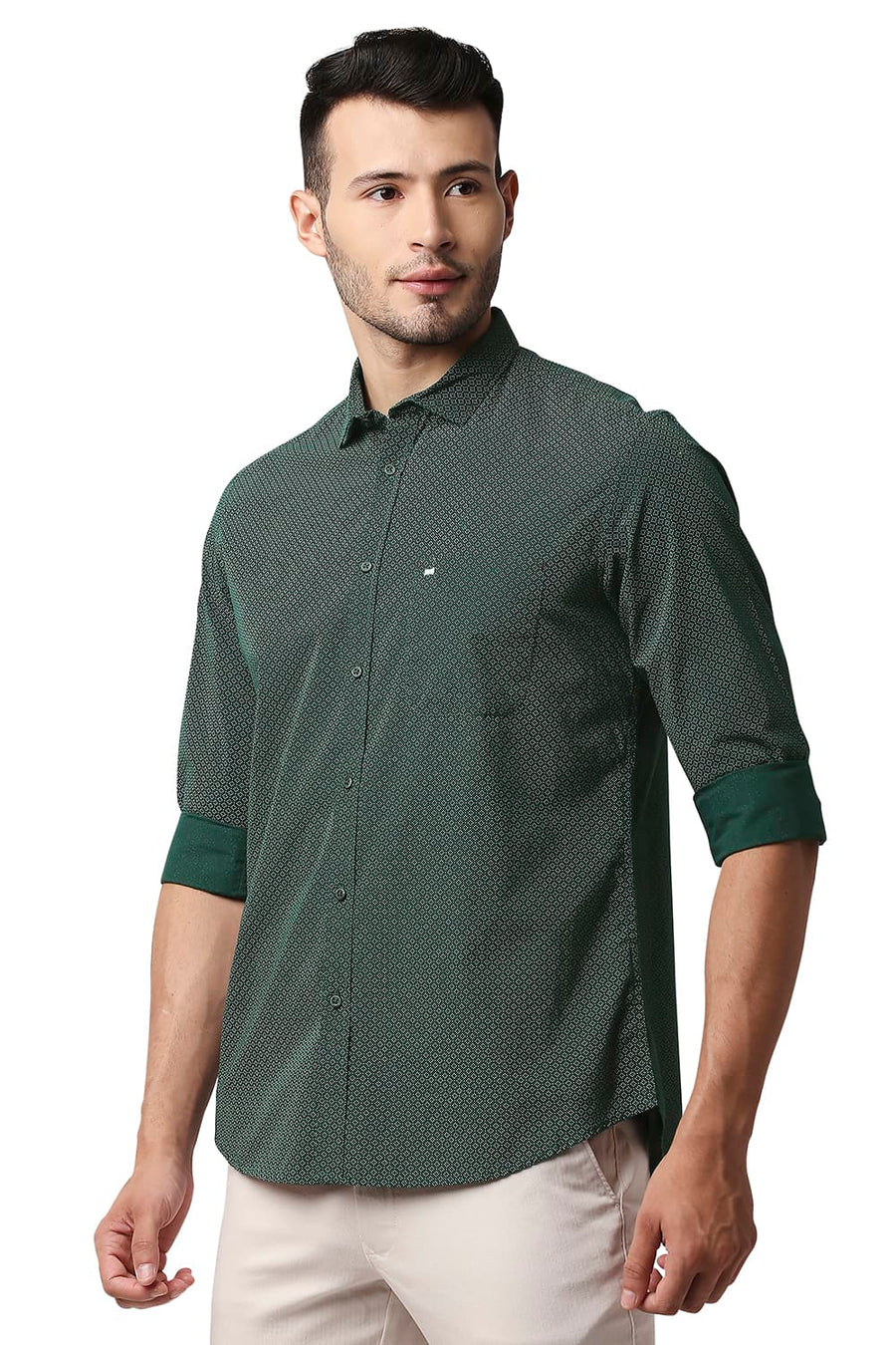 BASICS SLIM FIT BISTRO GREEN POPLIN PRINTED SHIRT