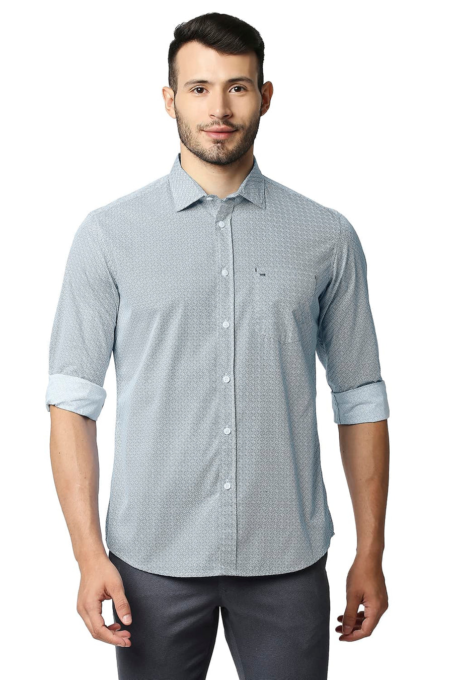BASICS SLIM FIT OLYMPIAN BLUE POPLIN PRINTED SHIRT