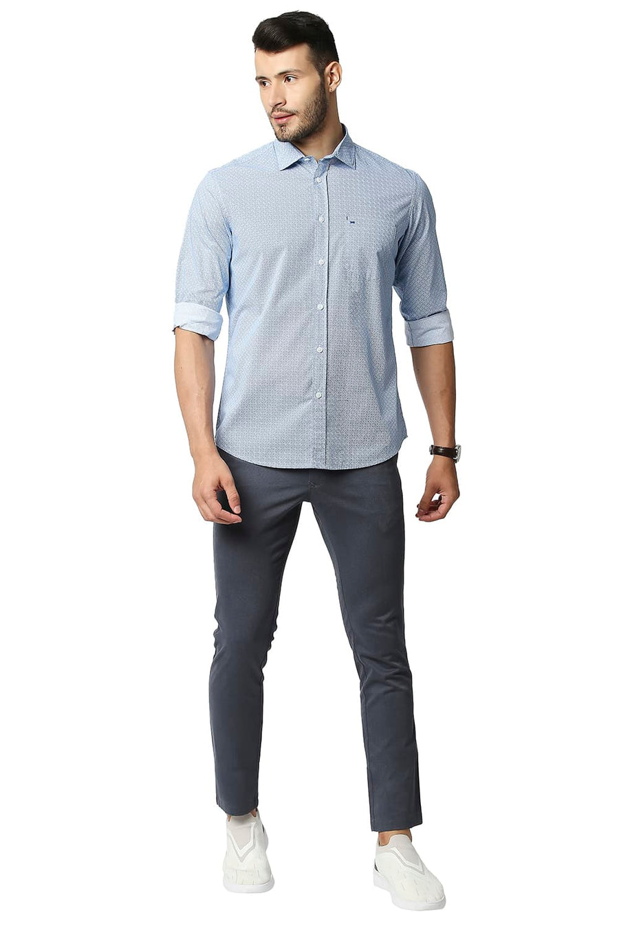 BASICS SLIM FIT OLYMPIAN BLUE POPLIN PRINTED SHIRT