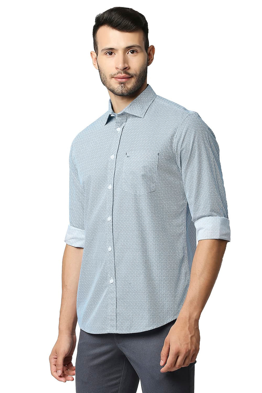 BASICS SLIM FIT OLYMPIAN BLUE POPLIN PRINTED SHIRT