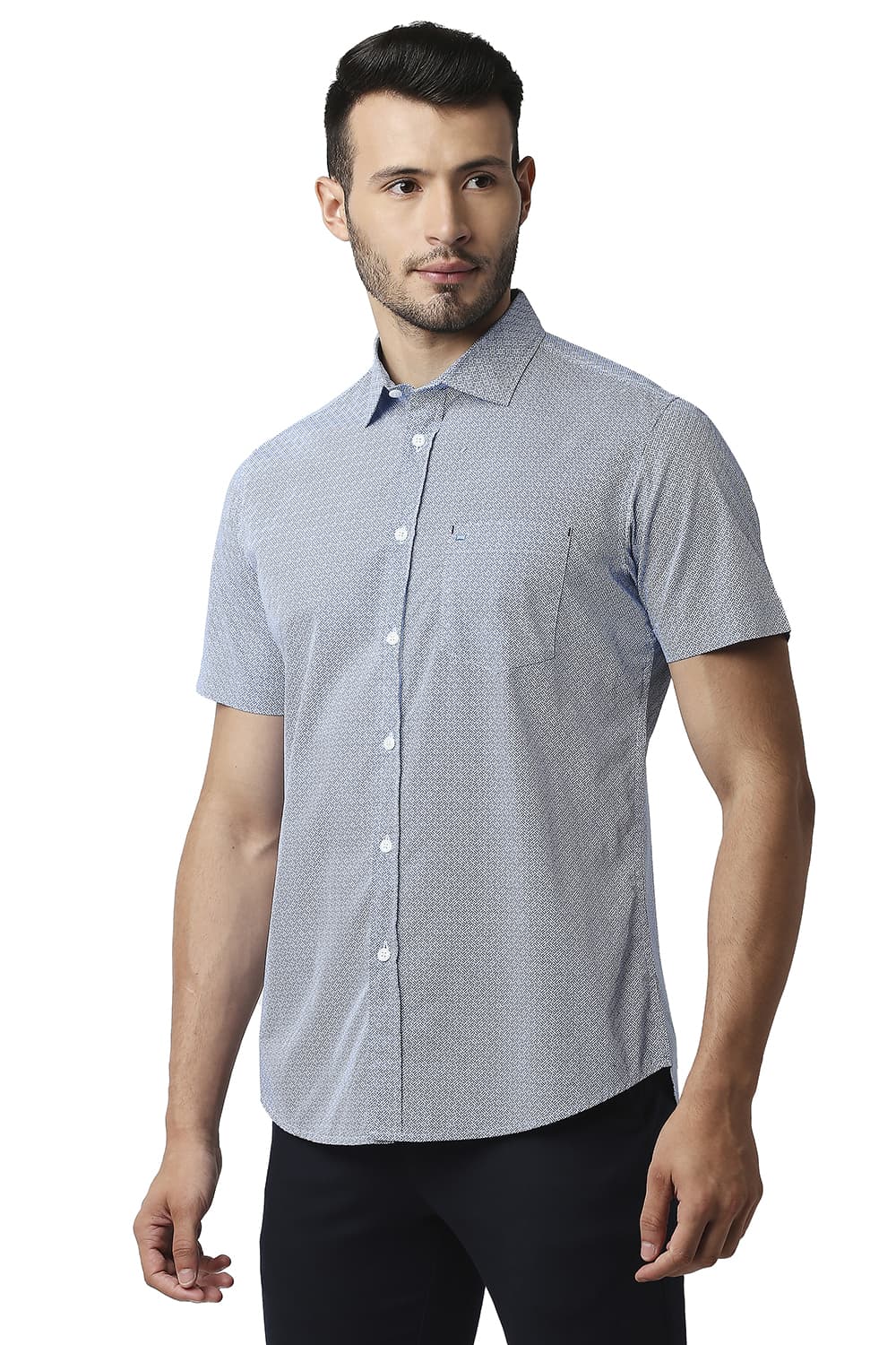 BASICS SLIM FIT POPLIN PRINTED HALFSLEEVES SHIRT