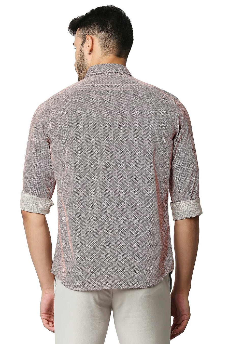 BASICS SLIM FIT BEIGE STRAW POPLIN PRINTED SHIRT