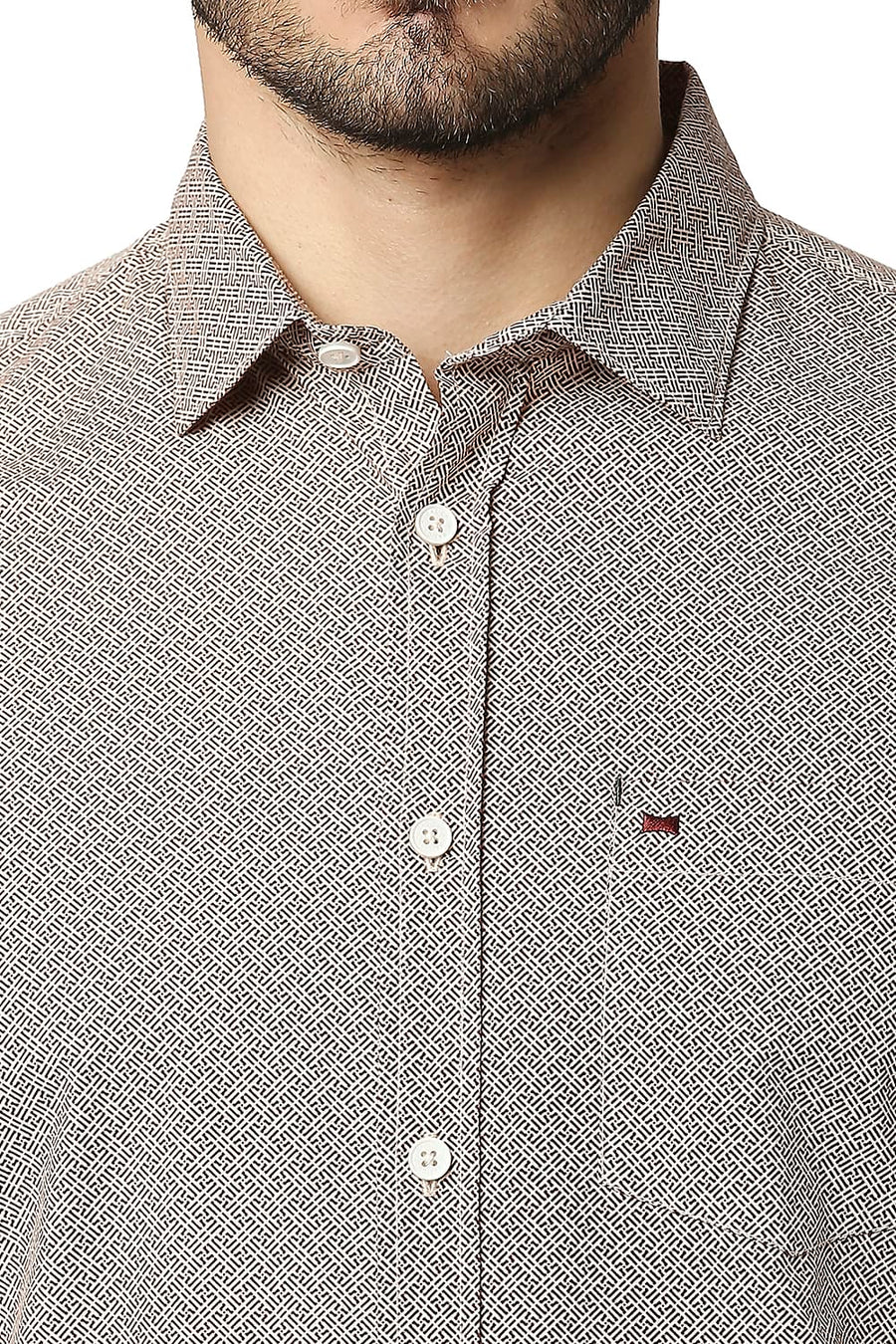 BASICS SLIM FIT BEIGE STRAW POPLIN PRINTED SHIRT