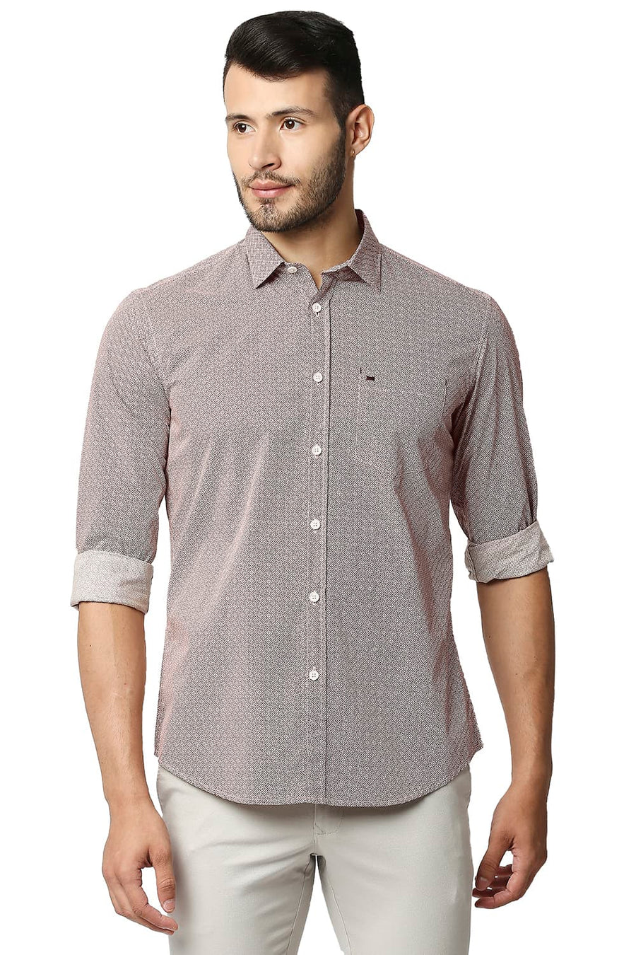 BASICS SLIM FIT BEIGE STRAW POPLIN PRINTED SHIRT