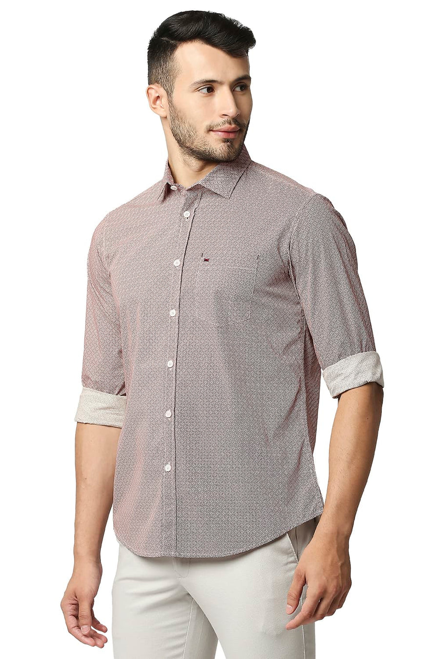 BASICS SLIM FIT BEIGE STRAW POPLIN PRINTED SHIRT