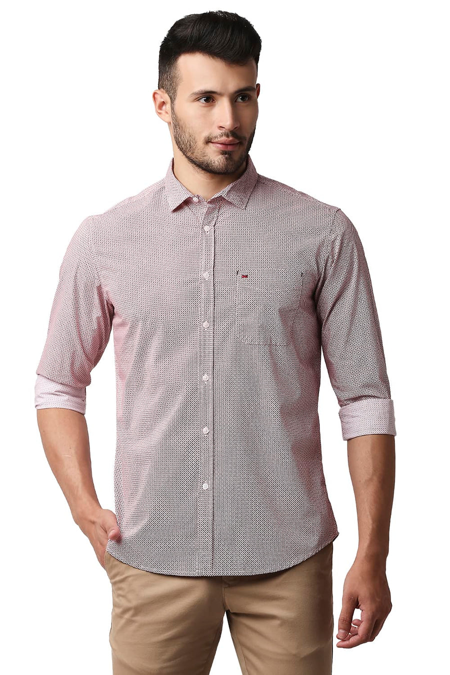 BASICS SLIM FIT DAHILA RED POPLIN PRINTED SHIRT