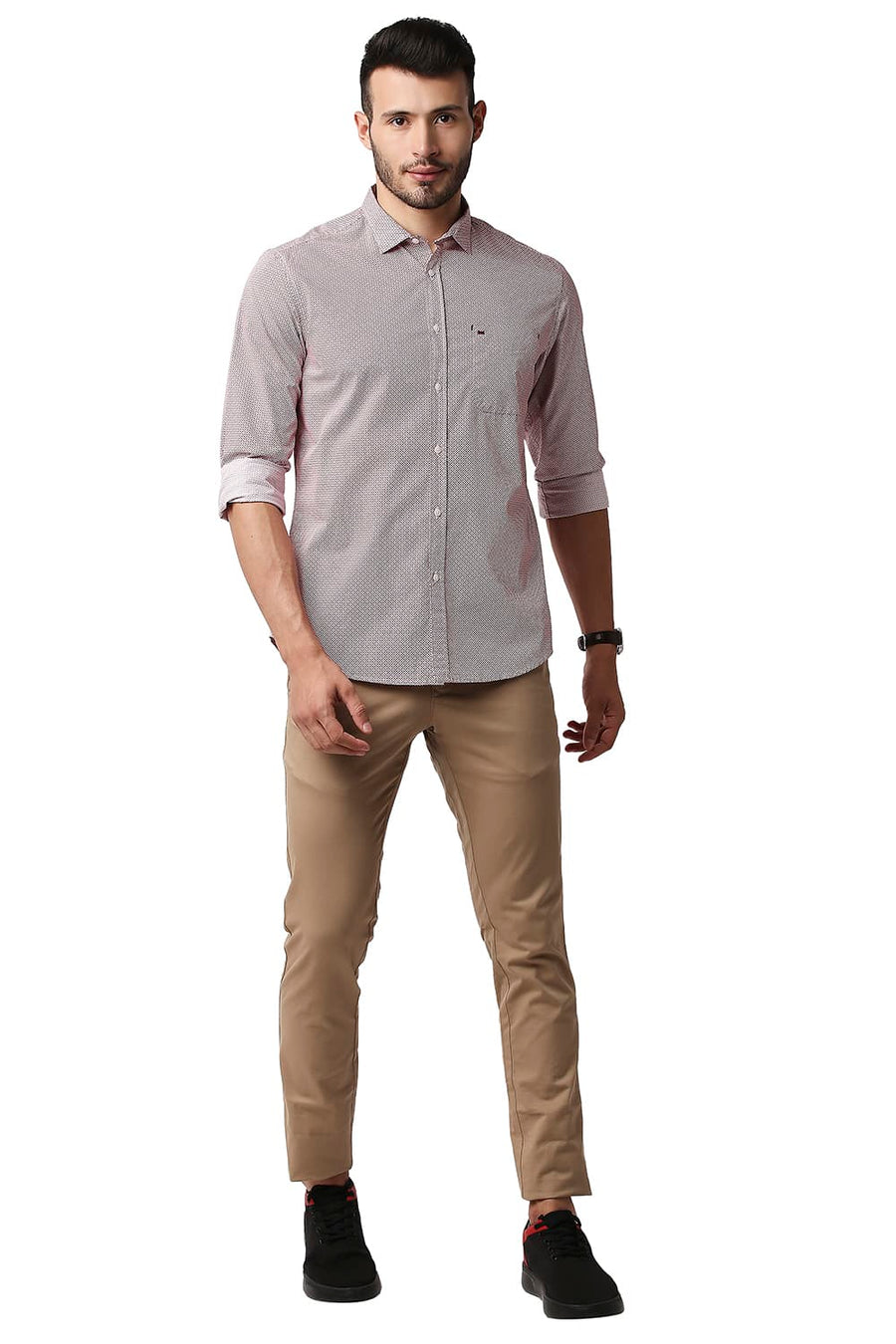 BASICS SLIM FIT DAHILA RED POPLIN PRINTED SHIRT