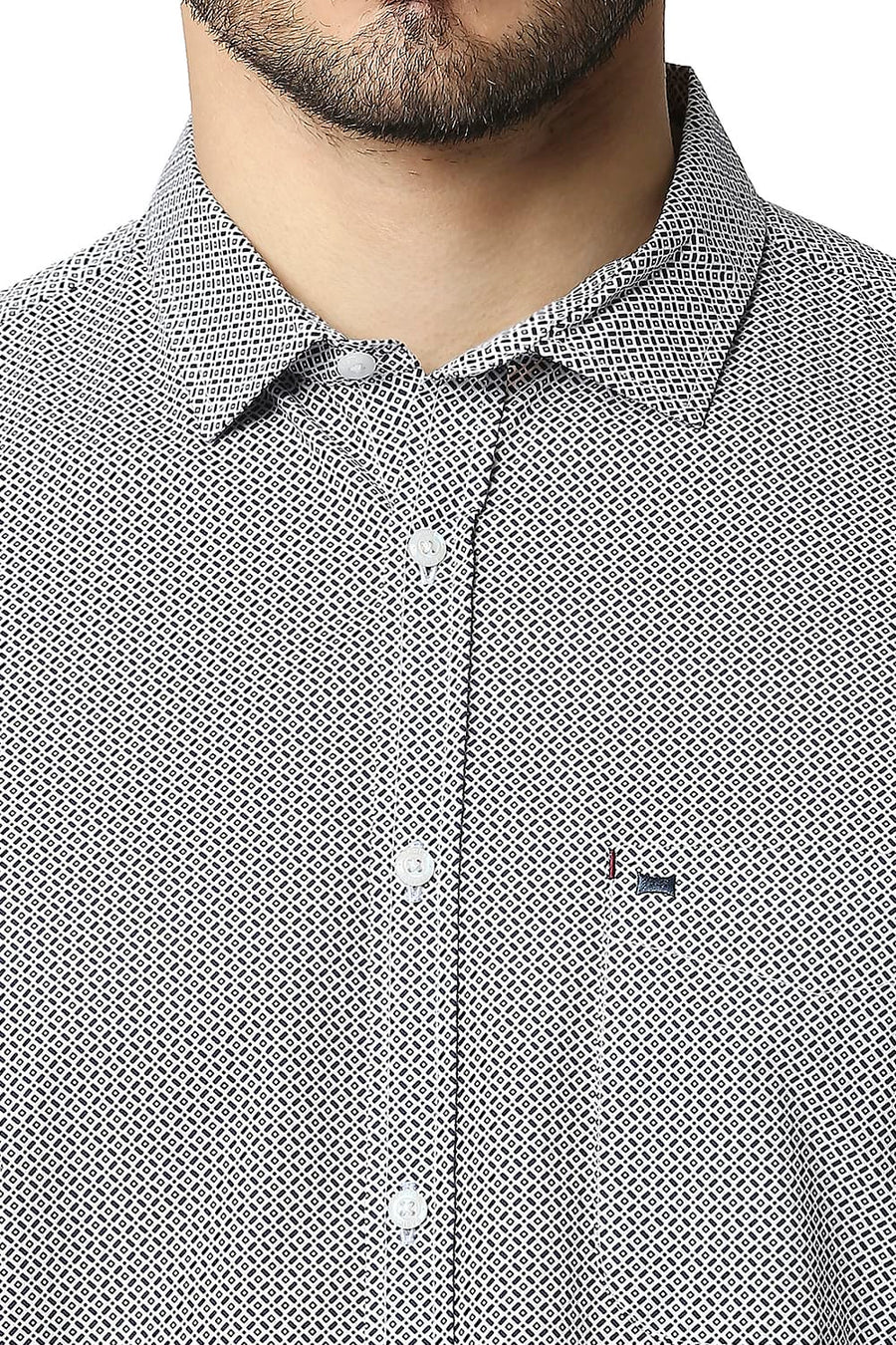 BASICS SLIM FIT IRIS NAVY POPLIN PRINTED SHIRT