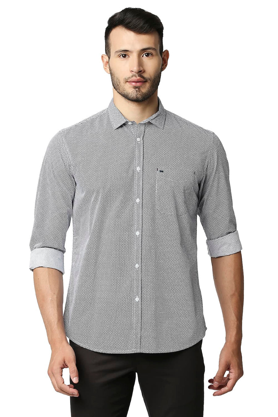 BASICS SLIM FIT IRIS NAVY POPLIN PRINTED SHIRT