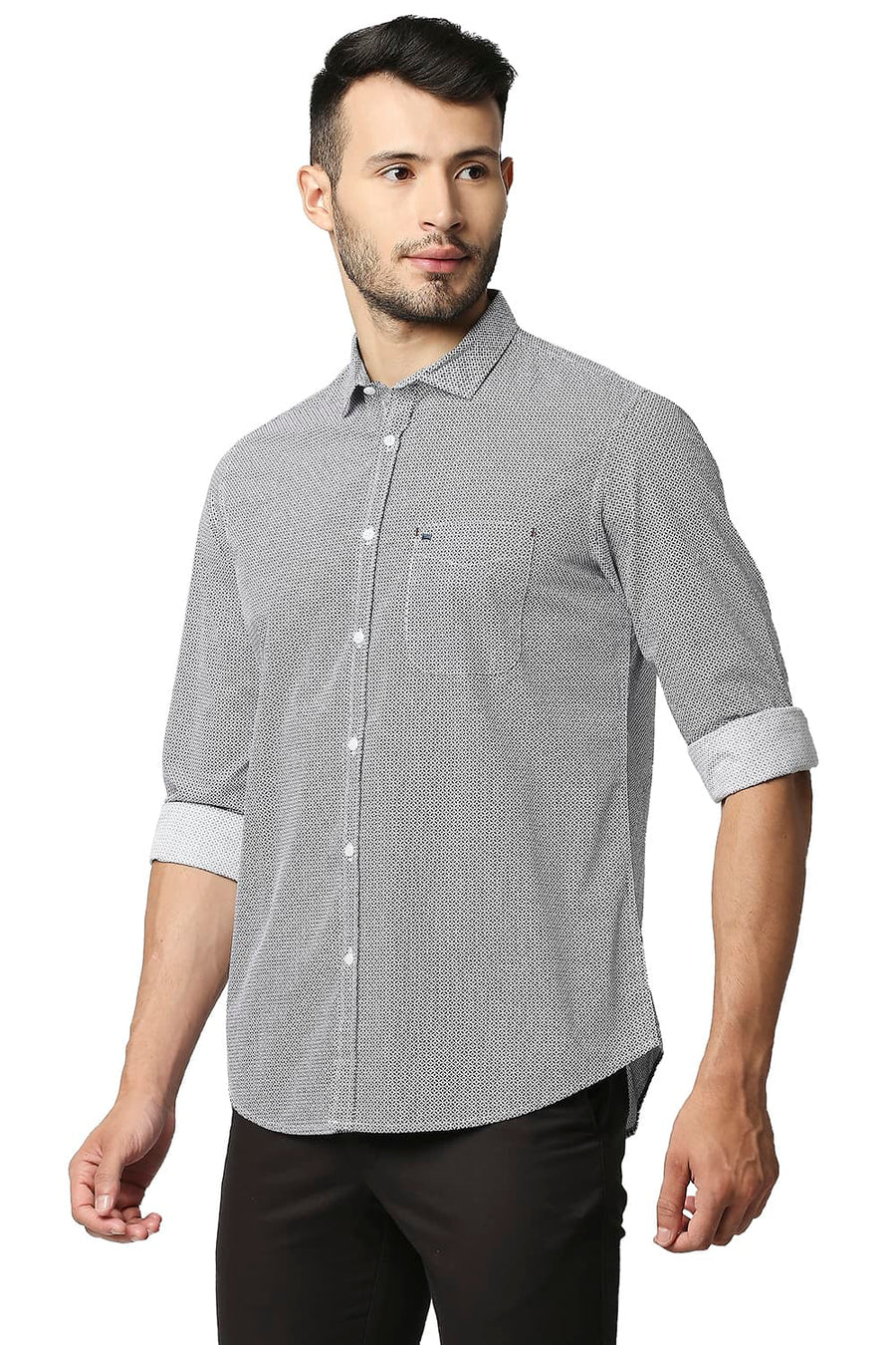 BASICS SLIM FIT IRIS NAVY POPLIN PRINTED SHIRT
