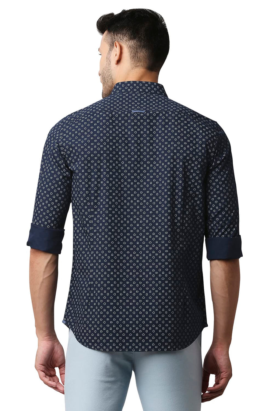 BASICS SLIM FIT NAVY IRIS POPLIN PRINTED SHIRT