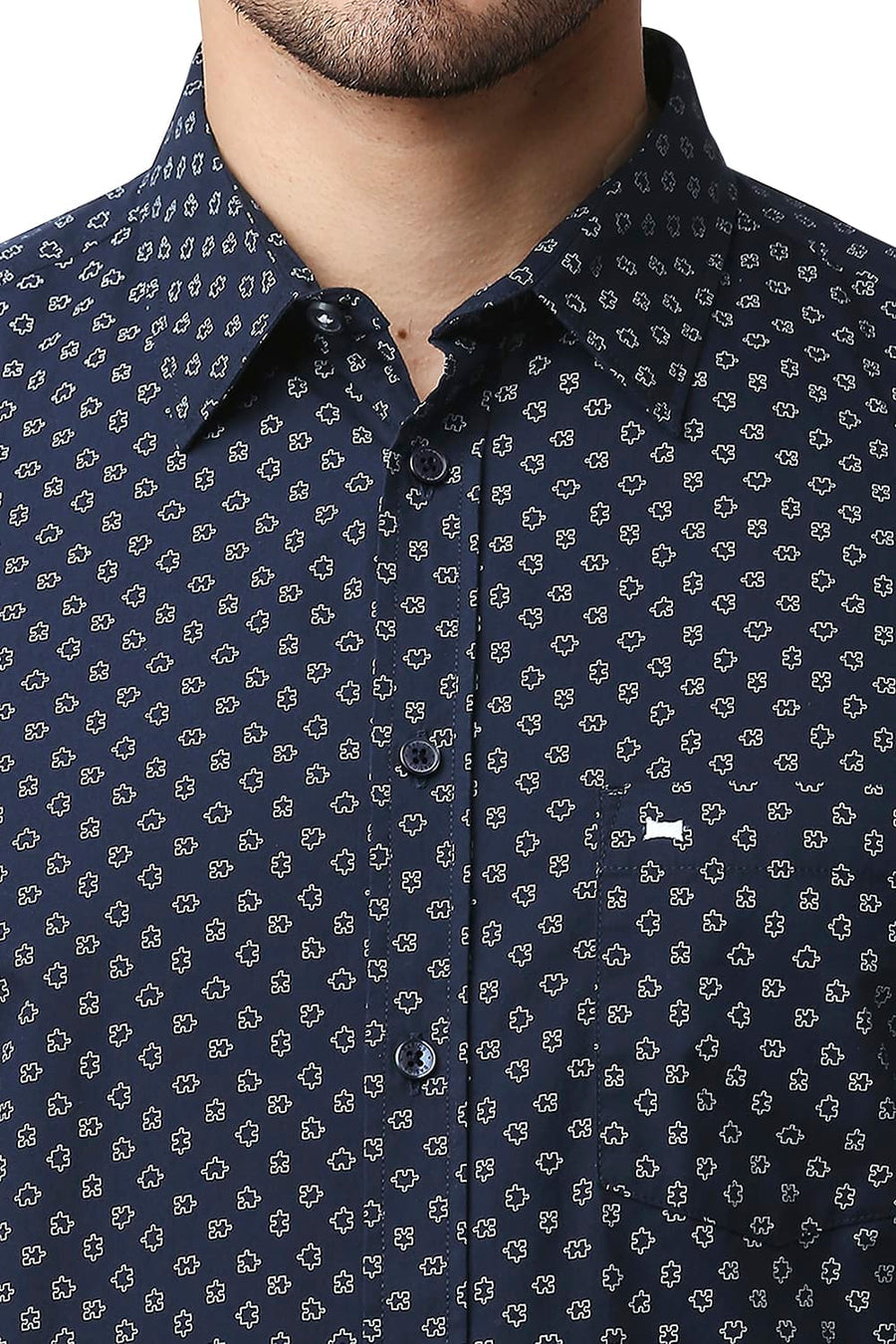 BASICS SLIM FIT NAVY IRIS POPLIN PRINTED SHIRT