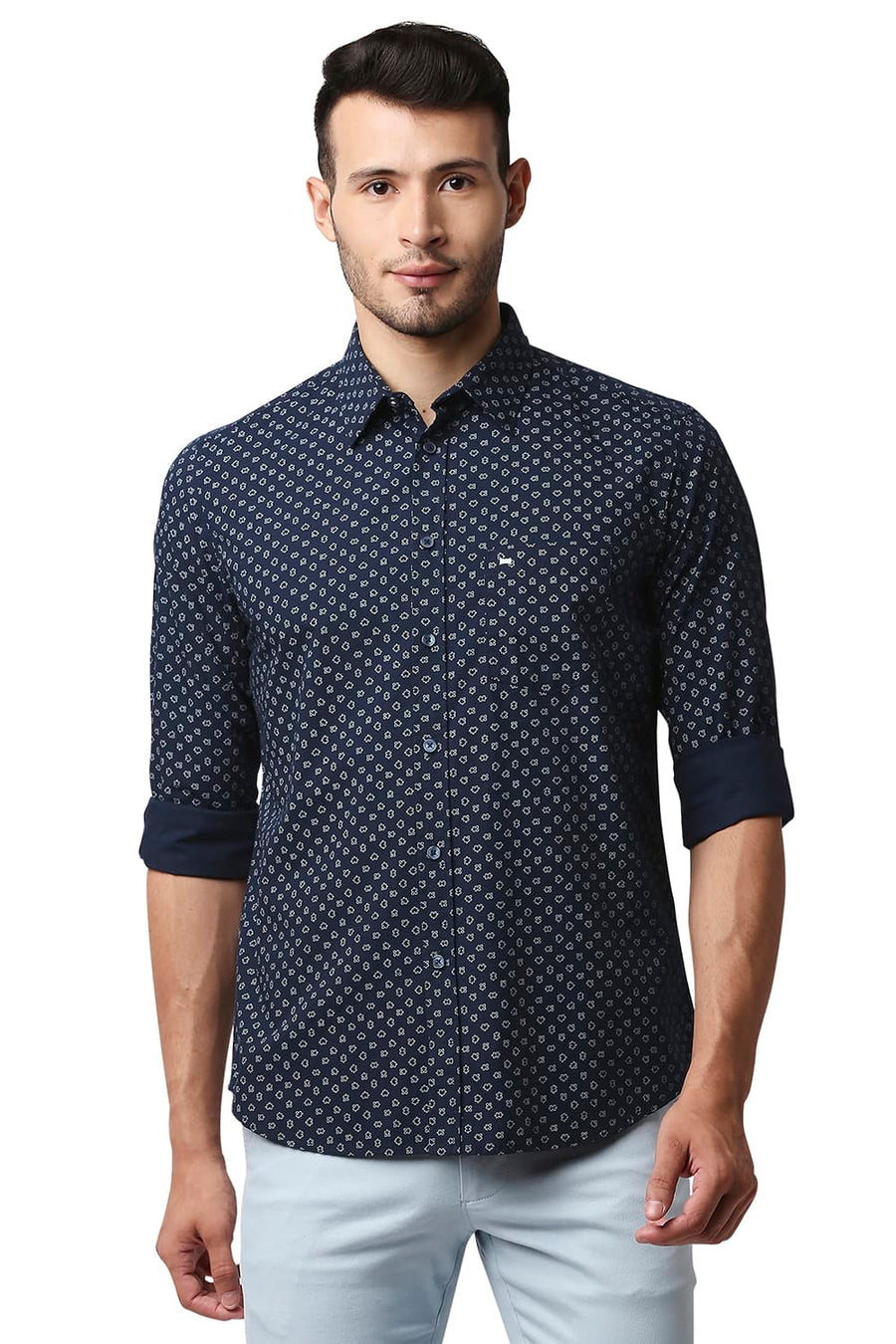 BASICS SLIM FIT NAVY IRIS POPLIN PRINTED SHIRT