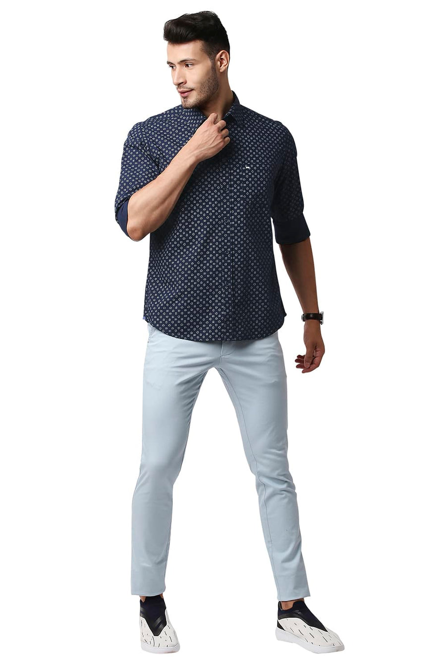 BASICS SLIM FIT NAVY IRIS POPLIN PRINTED SHIRT