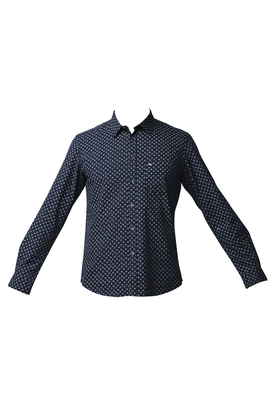 BASICS SLIM FIT NAVY IRIS POPLIN PRINTED SHIRT
