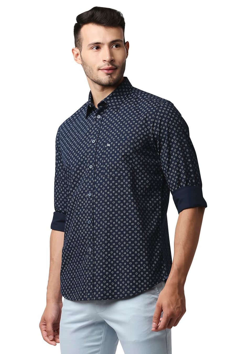 BASICS SLIM FIT NAVY IRIS POPLIN PRINTED SHIRT